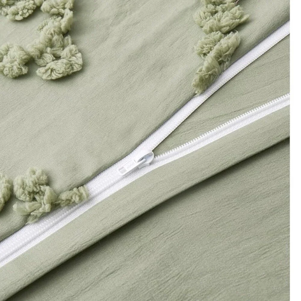 3PC QUEEN KING DUVET SET Sage Green Boho Cottage Tufted Duvet & Pillowcases